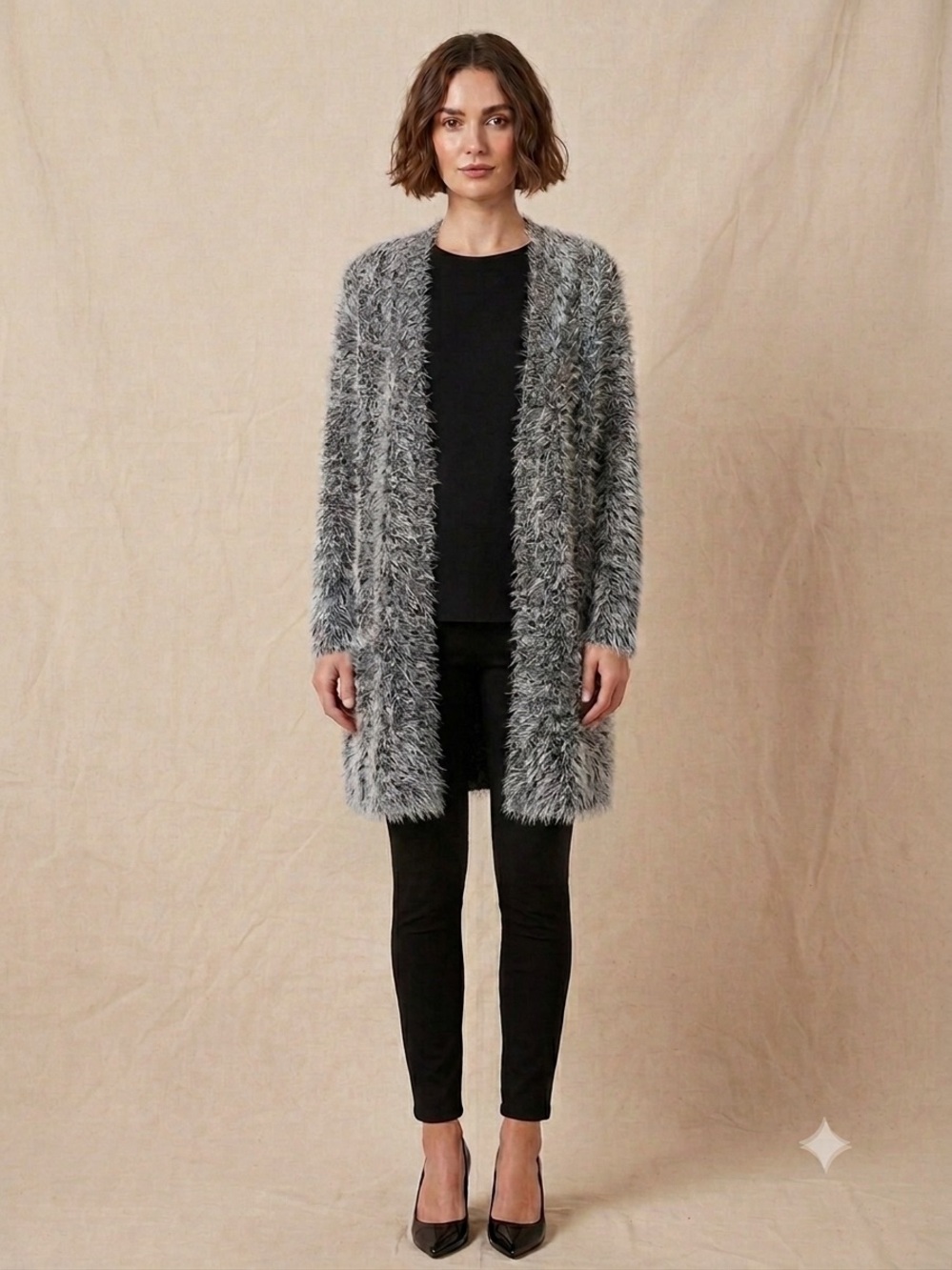 H&M DIVIDED Fuzzy Eyelash Knit Open Front Cardigan Gray/Black Size M Duster